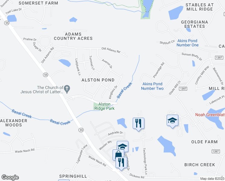 map of restaurants, bars, coffee shops, grocery stores, and more near 2539 Kinglass Drive in Holly Springs