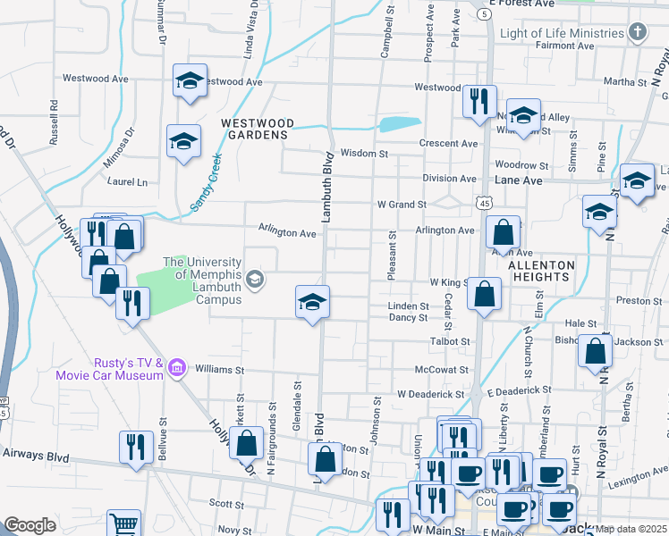 map of restaurants, bars, coffee shops, grocery stores, and more near 431 West King Street in Jackson