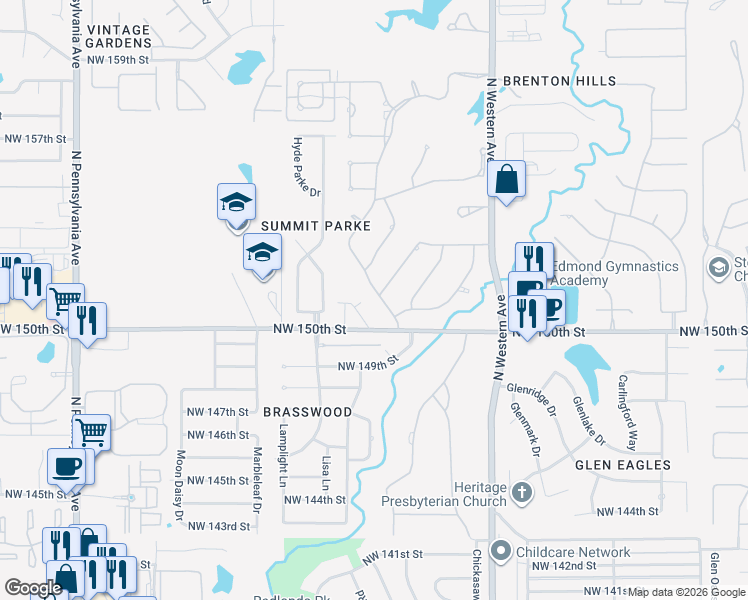 map of restaurants, bars, coffee shops, grocery stores, and more near 15208 Fairview Farm Road in Edmond