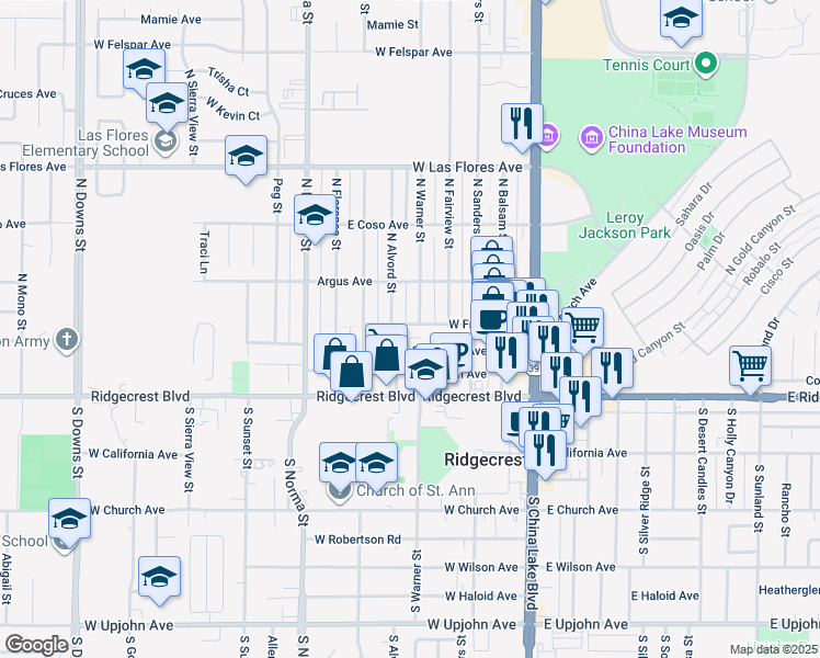 map of restaurants, bars, coffee shops, grocery stores, and more near 253 West French Avenue in Ridgecrest