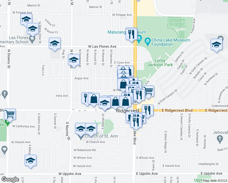 map of restaurants, bars, coffee shops, grocery stores, and more near 209 West French Avenue in Ridgecrest