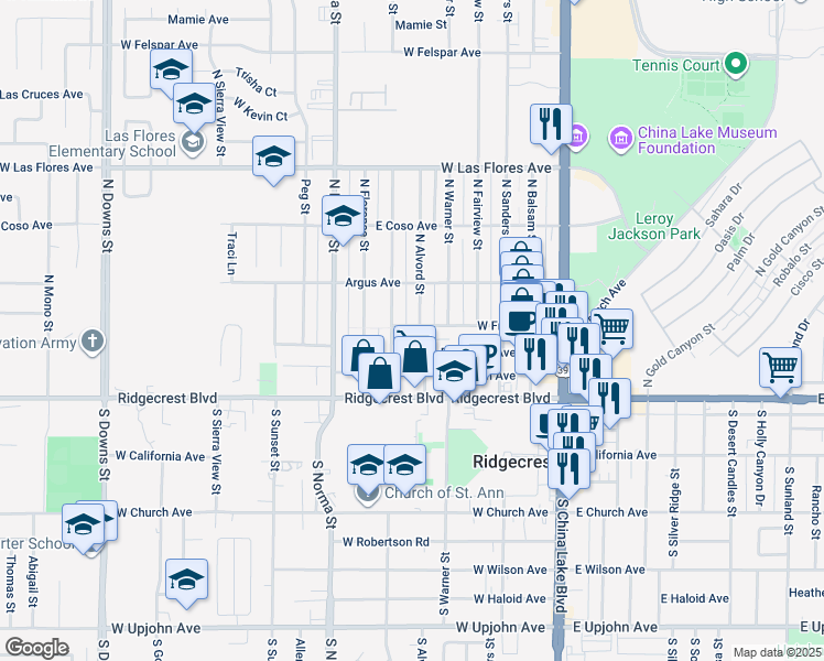 map of restaurants, bars, coffee shops, grocery stores, and more near 213 North Alvord Street in Ridgecrest