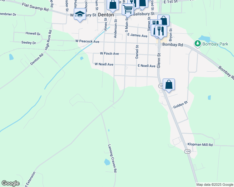 map of restaurants, bars, coffee shops, grocery stores, and more near South Main Street in Denton