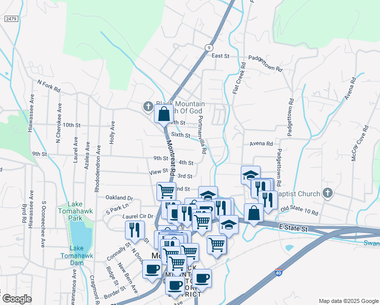 map of restaurants, bars, coffee shops, grocery stores, and more near 109 5th Street in Black Mountain