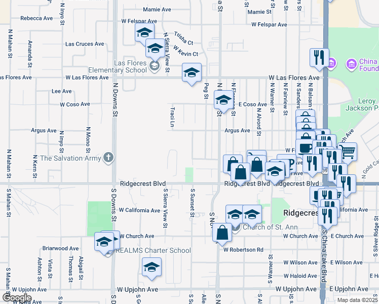 map of restaurants, bars, coffee shops, grocery stores, and more near 227 Sierra Vista Street in Ridgecrest