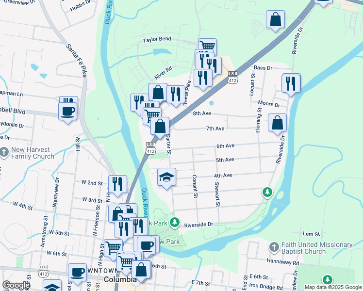 map of restaurants, bars, coffee shops, grocery stores, and more near 109 6th Avenue in Columbia