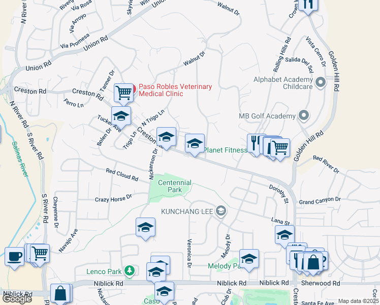 map of restaurants, bars, coffee shops, grocery stores, and more near 935 Creston Road in Paso Robles
