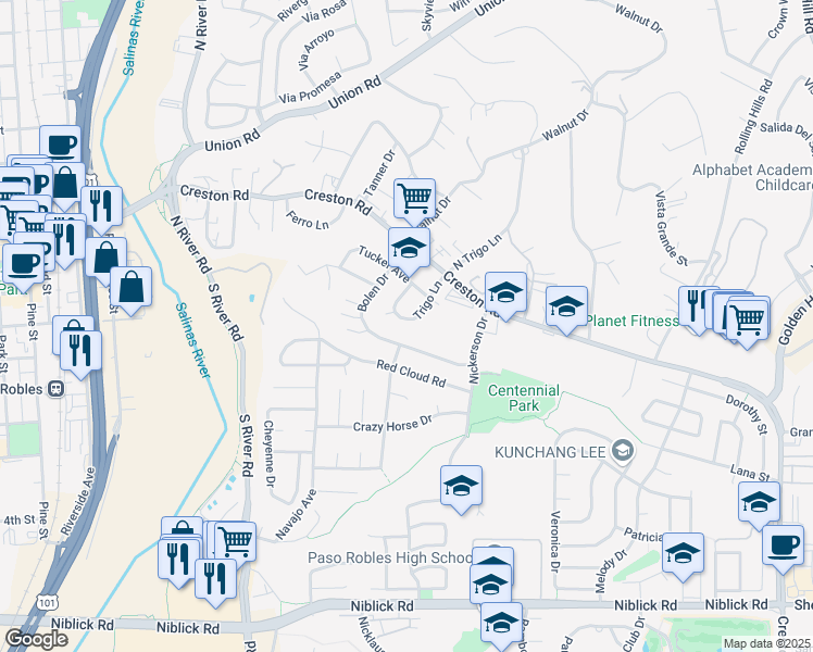 map of restaurants, bars, coffee shops, grocery stores, and more near 629 Trigo Lane in Paso Robles