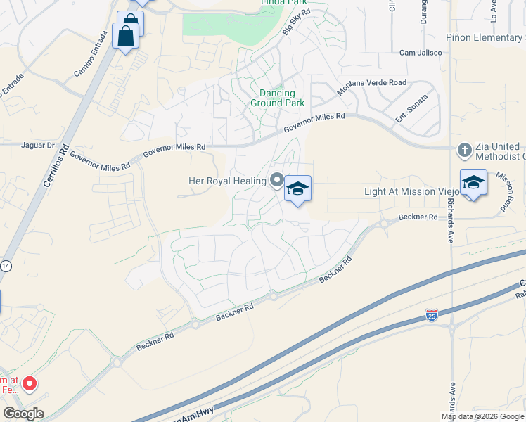 map of restaurants, bars, coffee shops, grocery stores, and more near 4149 Soaring Eagle Lane in Santa Fe