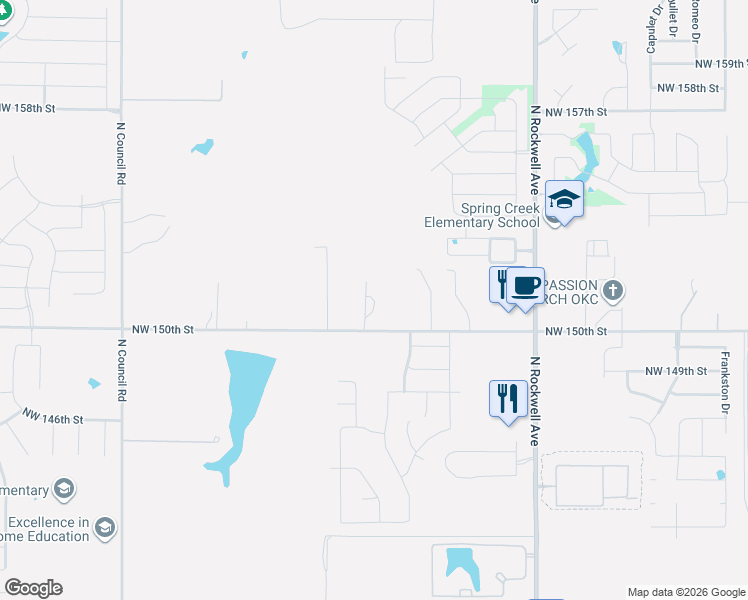 map of restaurants, bars, coffee shops, grocery stores, and more near 7413 Northwest 150th Street in Oklahoma City