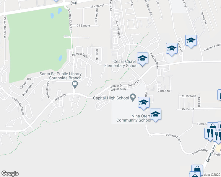 map of restaurants, bars, coffee shops, grocery stores, and more near 6416 Jaguar Drive in Santa Fe