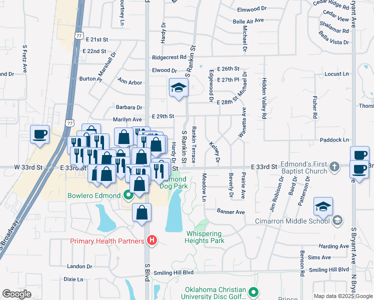 map of restaurants, bars, coffee shops, grocery stores, and more near 3109 Rankin Terrace in Edmond