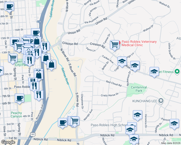 map of restaurants, bars, coffee shops, grocery stores, and more near 613 Navajo Avenue in Paso Robles