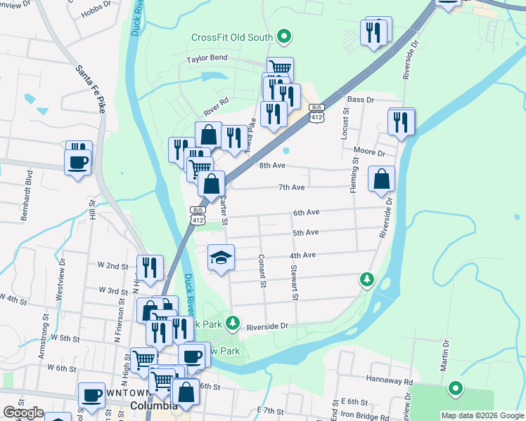 map of restaurants, bars, coffee shops, grocery stores, and more near 205 6th Avenue in Columbia