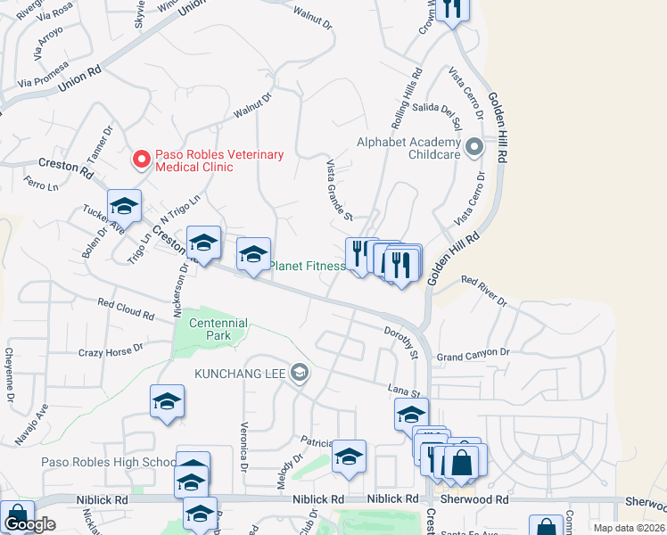 map of restaurants, bars, coffee shops, grocery stores, and more near 715 Rolling Hills Road in Paso Robles
