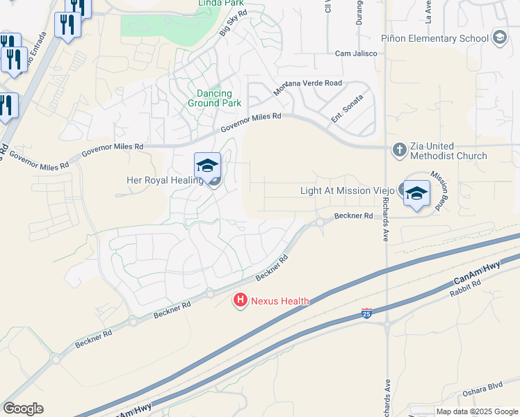 map of restaurants, bars, coffee shops, grocery stores, and more near 4100 Soaring Eagle Lane in Santa Fe