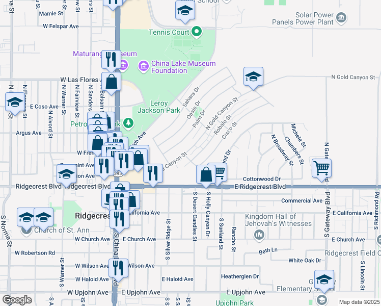 map of restaurants, bars, coffee shops, grocery stores, and more near 245 Robalo Street in Ridgecrest