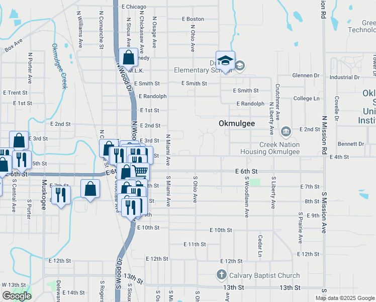 map of restaurants, bars, coffee shops, grocery stores, and more near 1332 Taylor Drive in Okmulgee