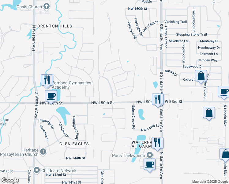 map of restaurants, bars, coffee shops, grocery stores, and more near 15209 Kestral Way in Edmond