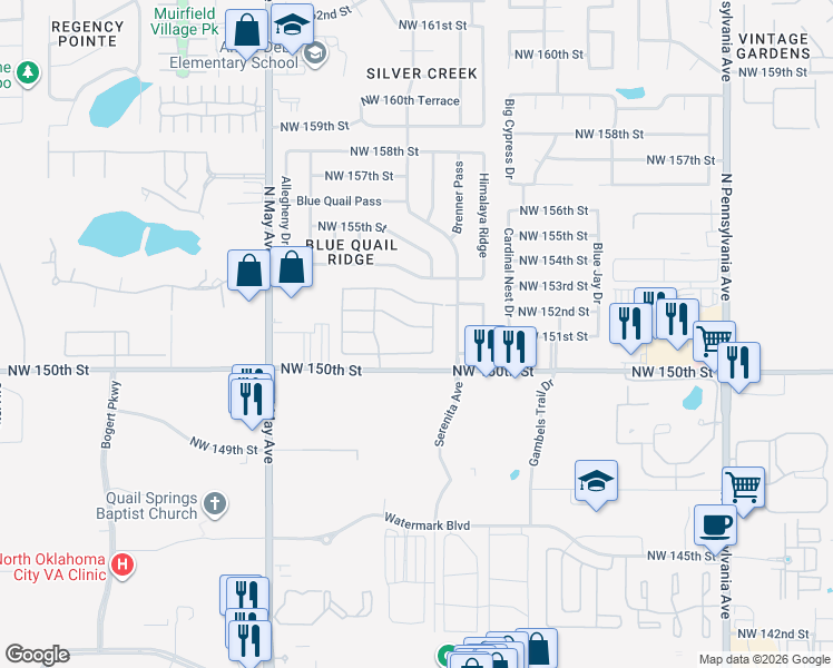 map of restaurants, bars, coffee shops, grocery stores, and more near 2620 Northwest 152nd Street in Edmond