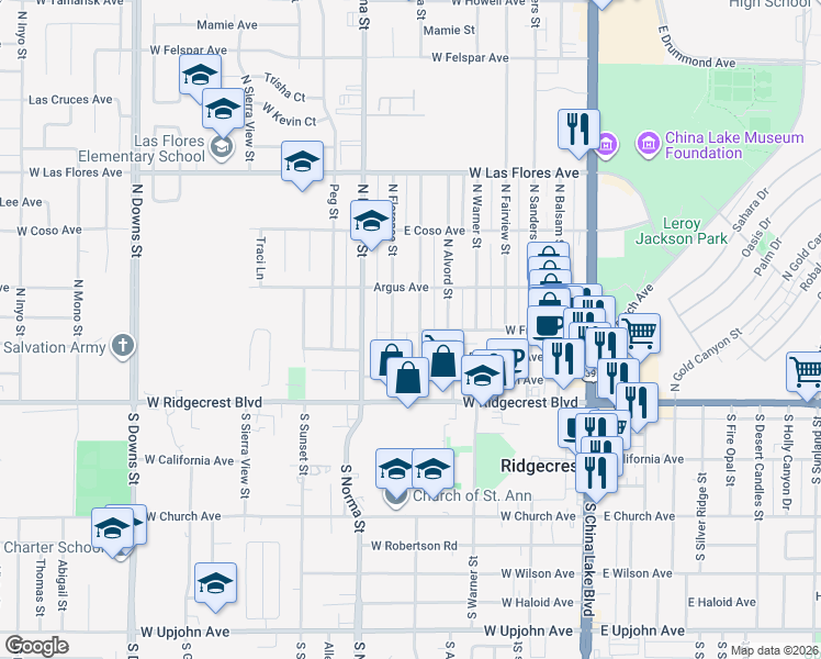 map of restaurants, bars, coffee shops, grocery stores, and more near 224 North Helena Street in Ridgecrest