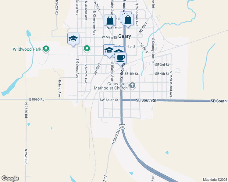 map of restaurants, bars, coffee shops, grocery stores, and more near 624 South Blaine Avenue in Geary