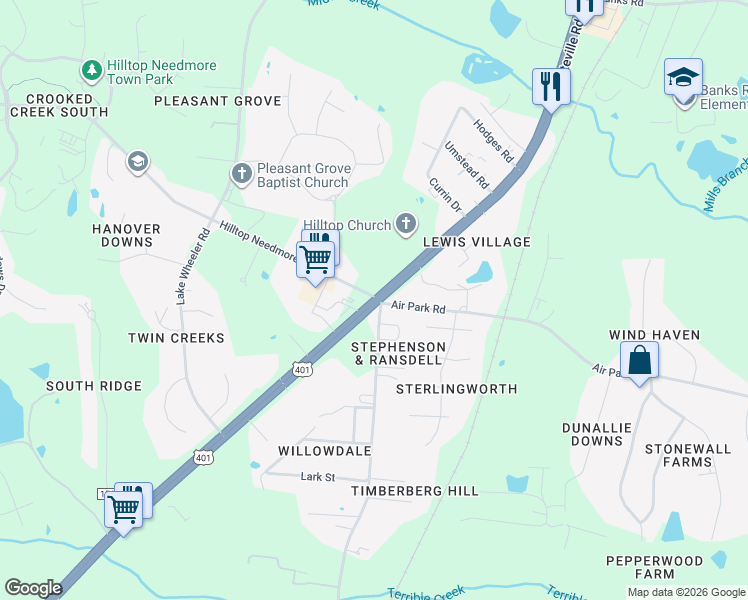map of restaurants, bars, coffee shops, grocery stores, and more near 3417 North Main Street in Fuquay-Varina