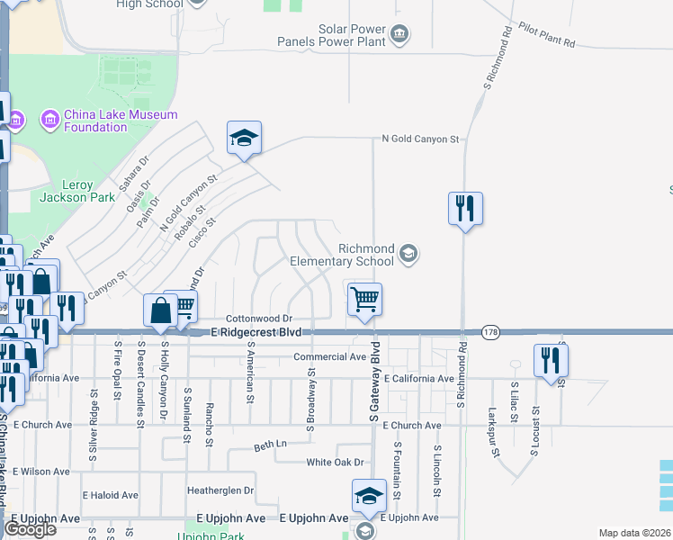 map of restaurants, bars, coffee shops, grocery stores, and more near 204 North Gwen Drive in Ridgecrest