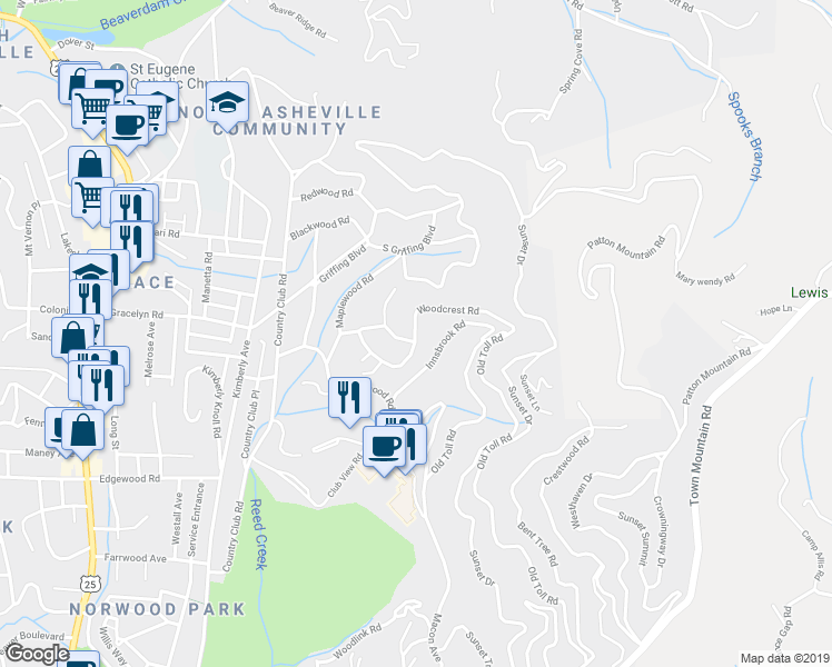 map of restaurants, bars, coffee shops, grocery stores, and more near Woodcrest Road in Asheville
