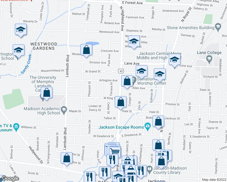 map of restaurants, bars, coffee shops, grocery stores, and more near 525 North Highland Avenue in Jackson