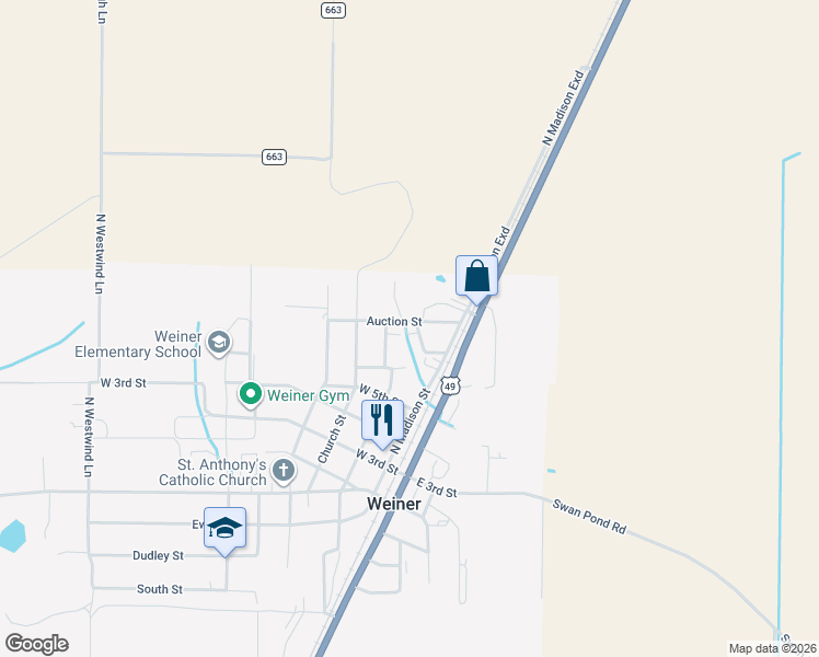 map of restaurants, bars, coffee shops, grocery stores, and more near 136 Auction Street in Weiner