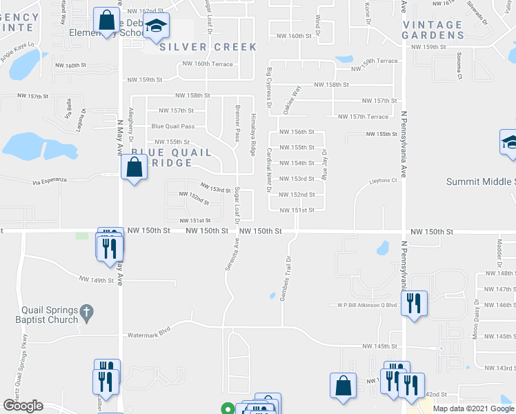 map of restaurants, bars, coffee shops, grocery stores, and more near 15208 Himalaya Ridge in Edmond