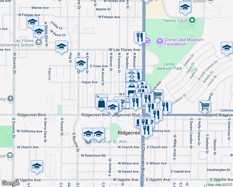 map of restaurants, bars, coffee shops, grocery stores, and more near 253 West French Avenue in Ridgecrest