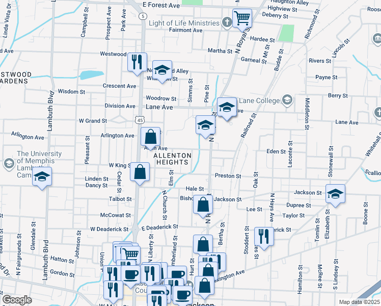 map of restaurants, bars, coffee shops, grocery stores, and more near 194 Allen Avenue in Jackson