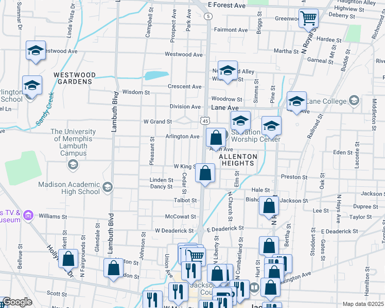 map of restaurants, bars, coffee shops, grocery stores, and more near 132 Terrace Place in Jackson