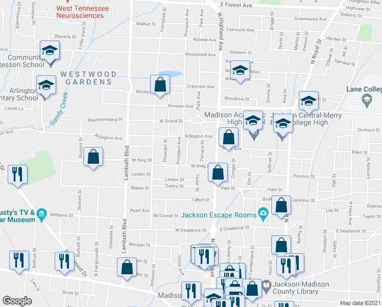 map of restaurants, bars, coffee shops, grocery stores, and more near 122 Hawthorne Place in Jackson