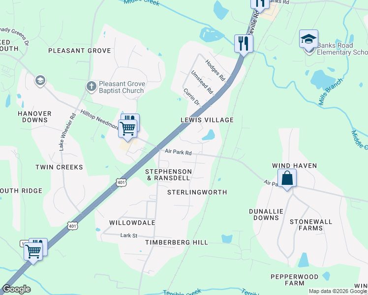 map of restaurants, bars, coffee shops, grocery stores, and more near 3804 Air Park Road in Fuquay-Varina