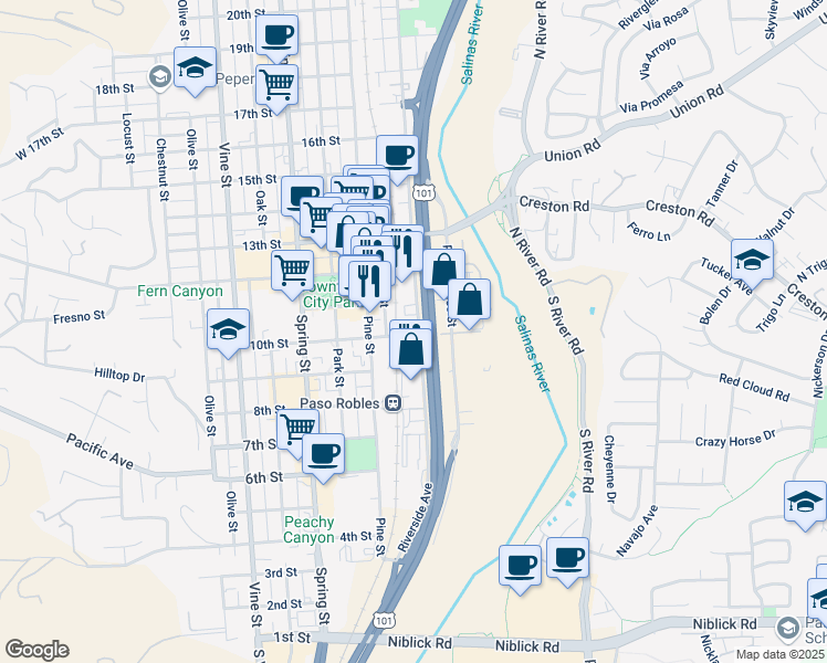 map of restaurants, bars, coffee shops, grocery stores, and more near 1005 10th Street in Paso Robles