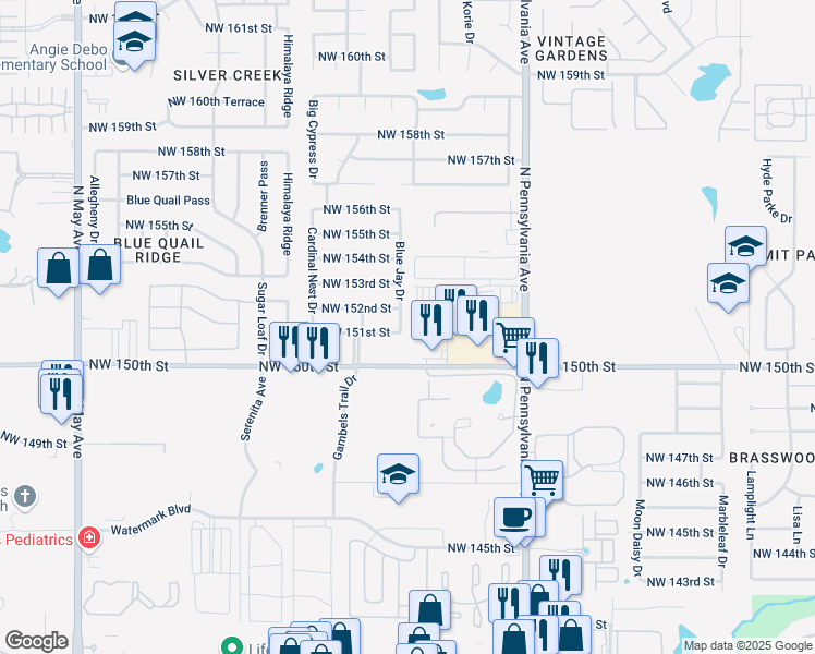 map of restaurants, bars, coffee shops, grocery stores, and more near 15204 Blue Jay Drive in Edmond