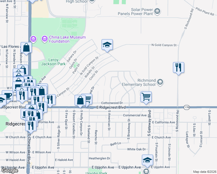 map of restaurants, bars, coffee shops, grocery stores, and more near 212 Apache Lane in Ridgecrest