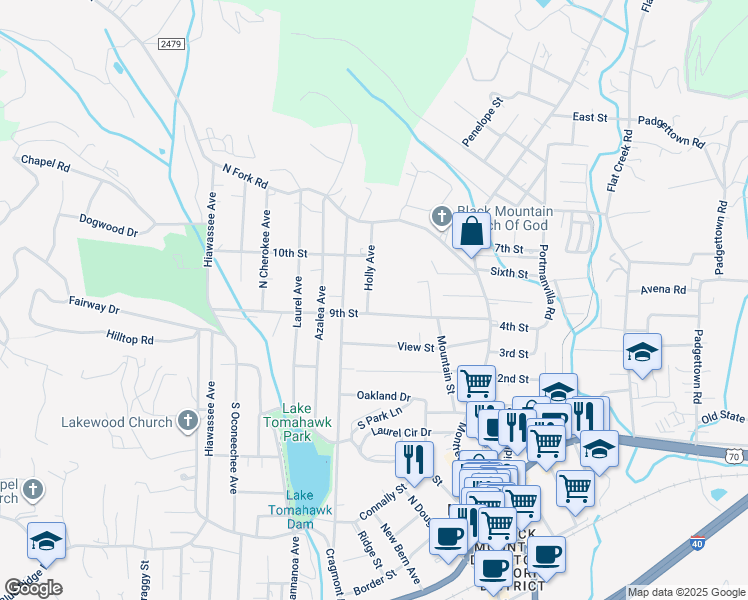 map of restaurants, bars, coffee shops, grocery stores, and more near 106 Holly Avenue in Black Mountain