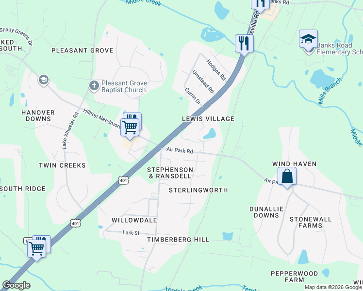 map of restaurants, bars, coffee shops, grocery stores, and more near 3804 Air Park Road in Fuquay Varina