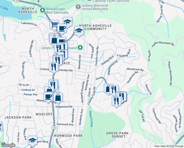 map of restaurants, bars, coffee shops, grocery stores, and more near 1 Griffing Boulevard in Asheville