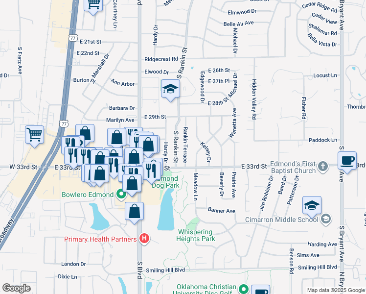 map of restaurants, bars, coffee shops, grocery stores, and more near 3109 Rankin Terrace in Edmond