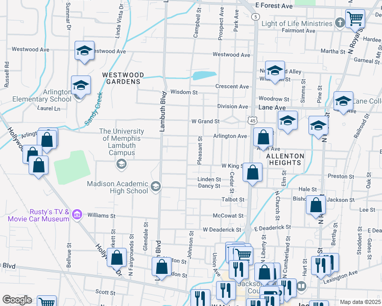 map of restaurants, bars, coffee shops, grocery stores, and more near 244 Campbell Street in Jackson