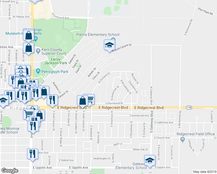 map of restaurants, bars, coffee shops, grocery stores, and more near 212 Apache Lane in Ridgecrest