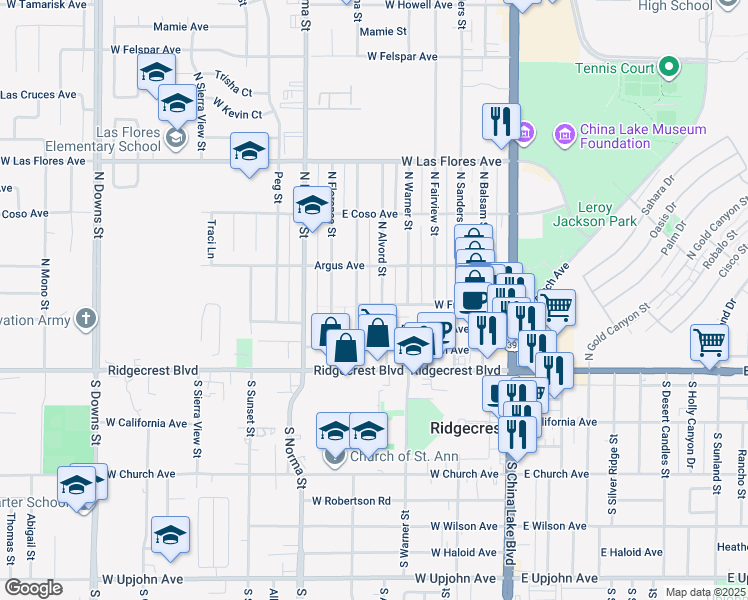 map of restaurants, bars, coffee shops, grocery stores, and more near 225 North Alvord Street in Ridgecrest