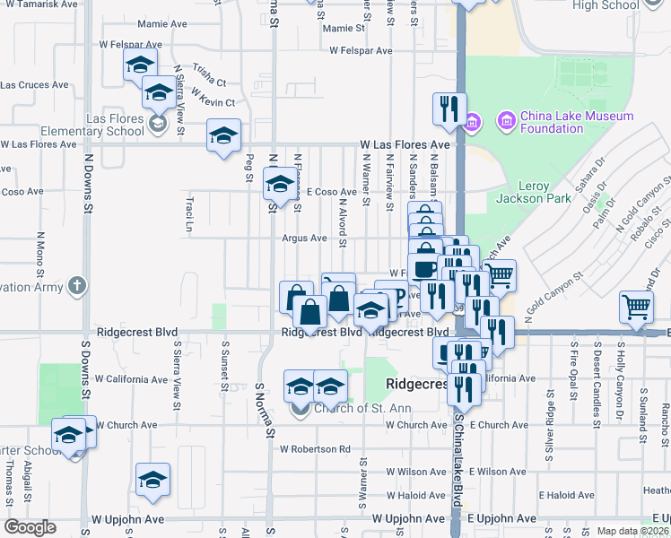 map of restaurants, bars, coffee shops, grocery stores, and more near 224 North Helena Street in Ridgecrest