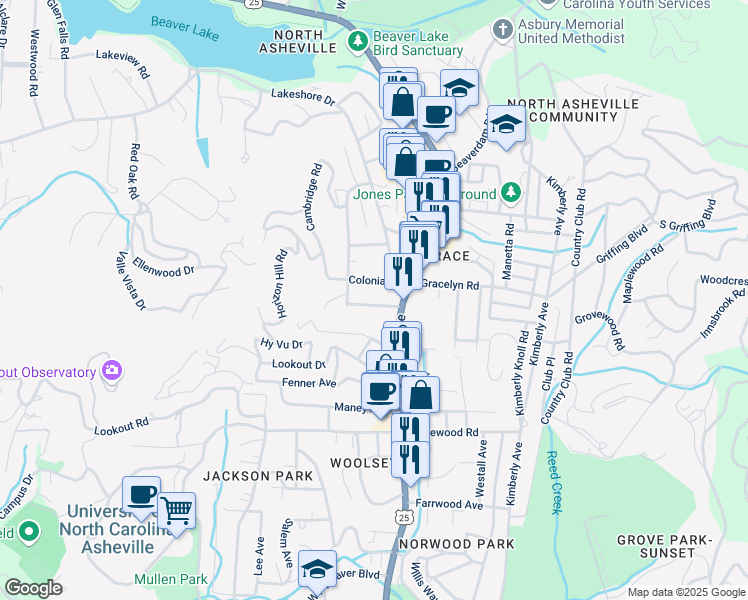map of restaurants, bars, coffee shops, grocery stores, and more near 21 Sandon Dr in Asheville