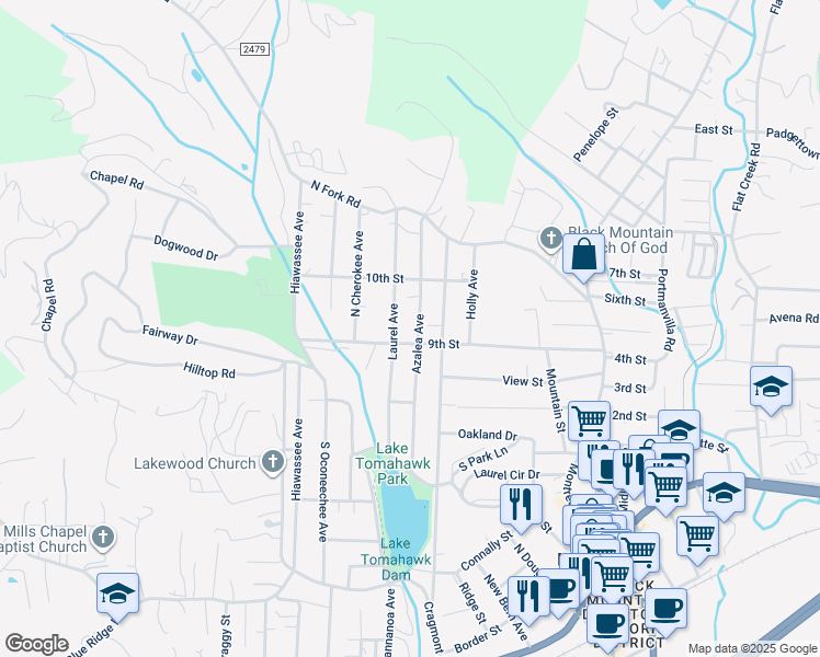 map of restaurants, bars, coffee shops, grocery stores, and more near 703 Azalea Avenue in Black Mountain